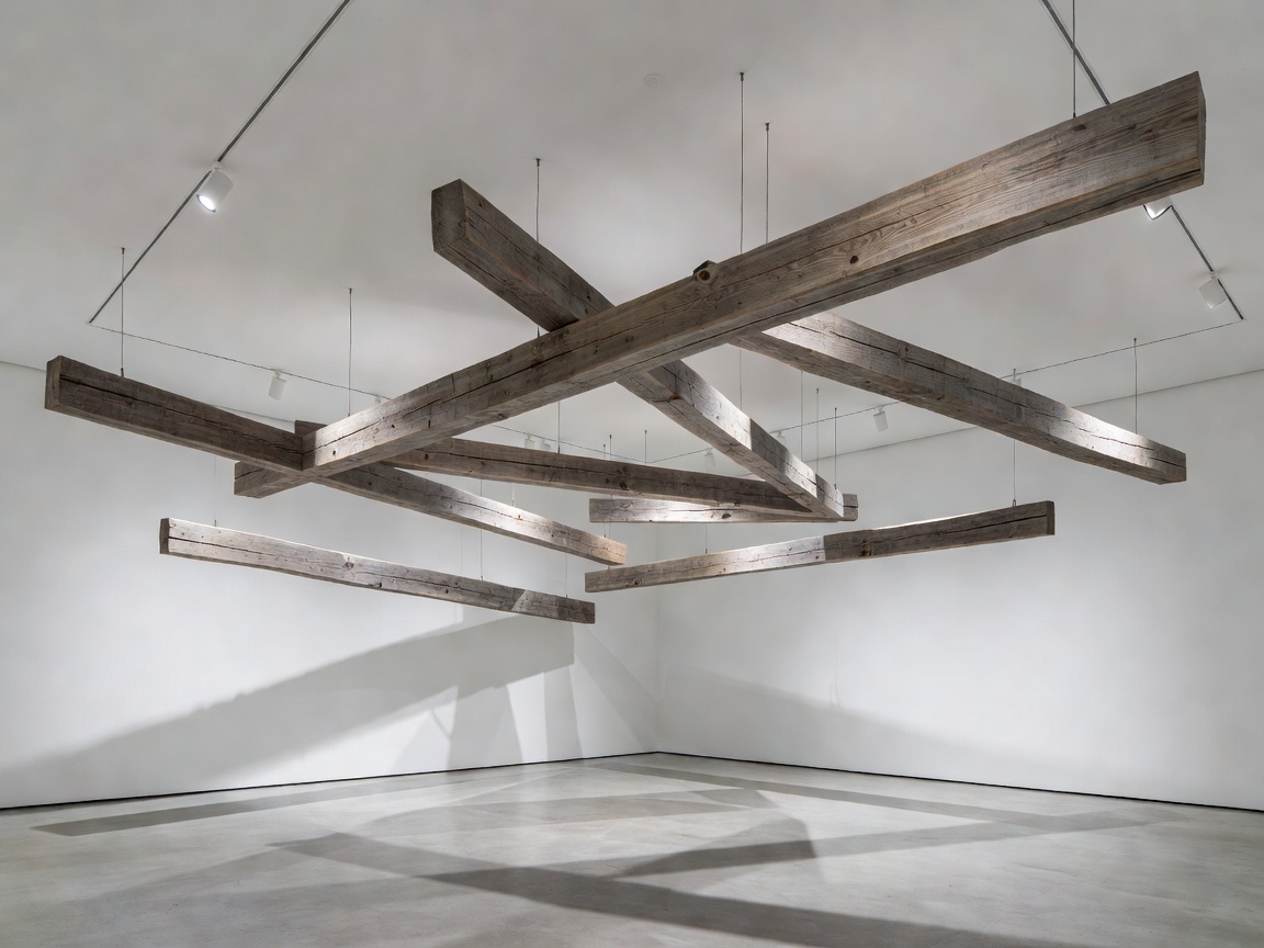 Architectural intervention of raw suspended timber beams inside a gallery