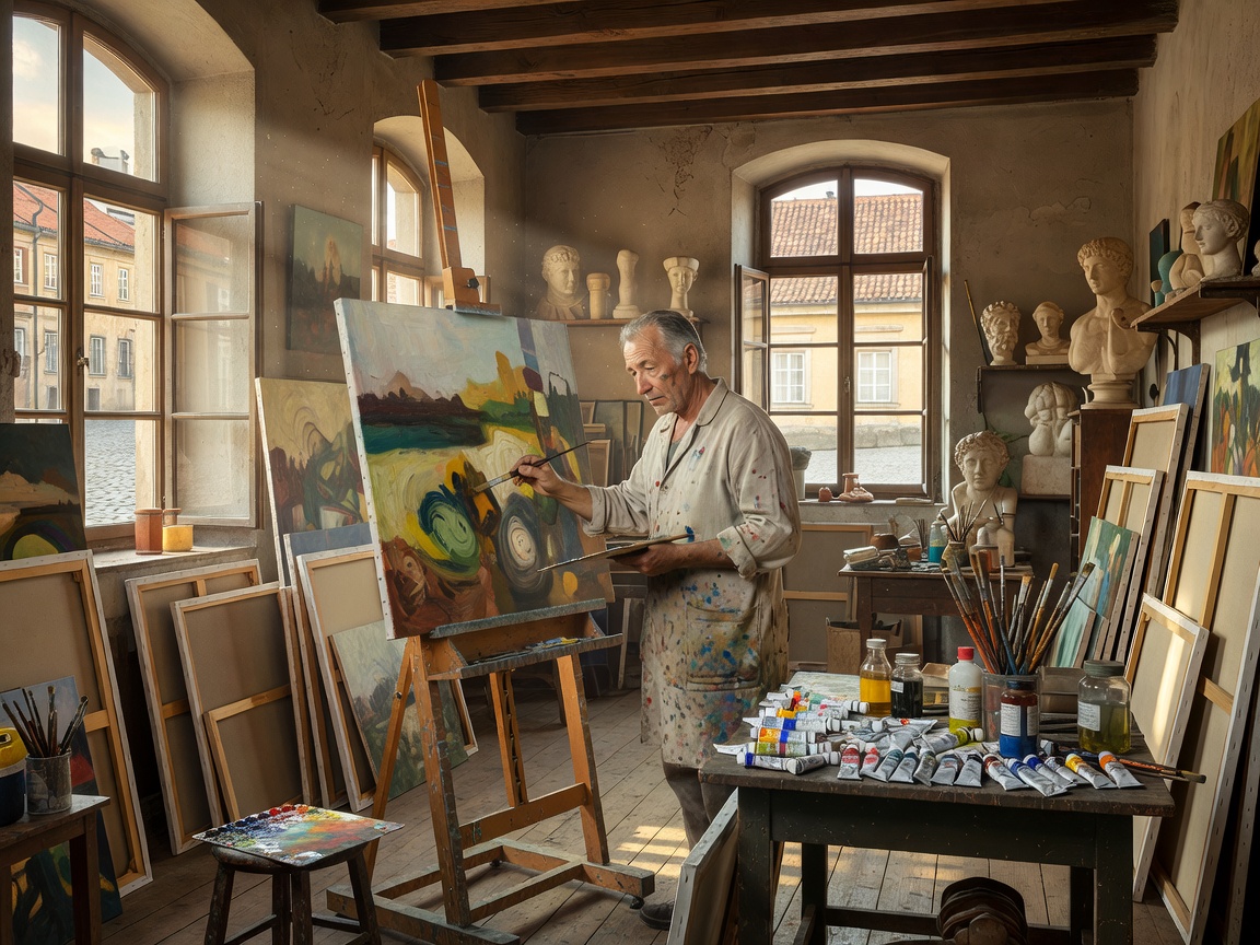 Artist working inside an illuminated European studio space