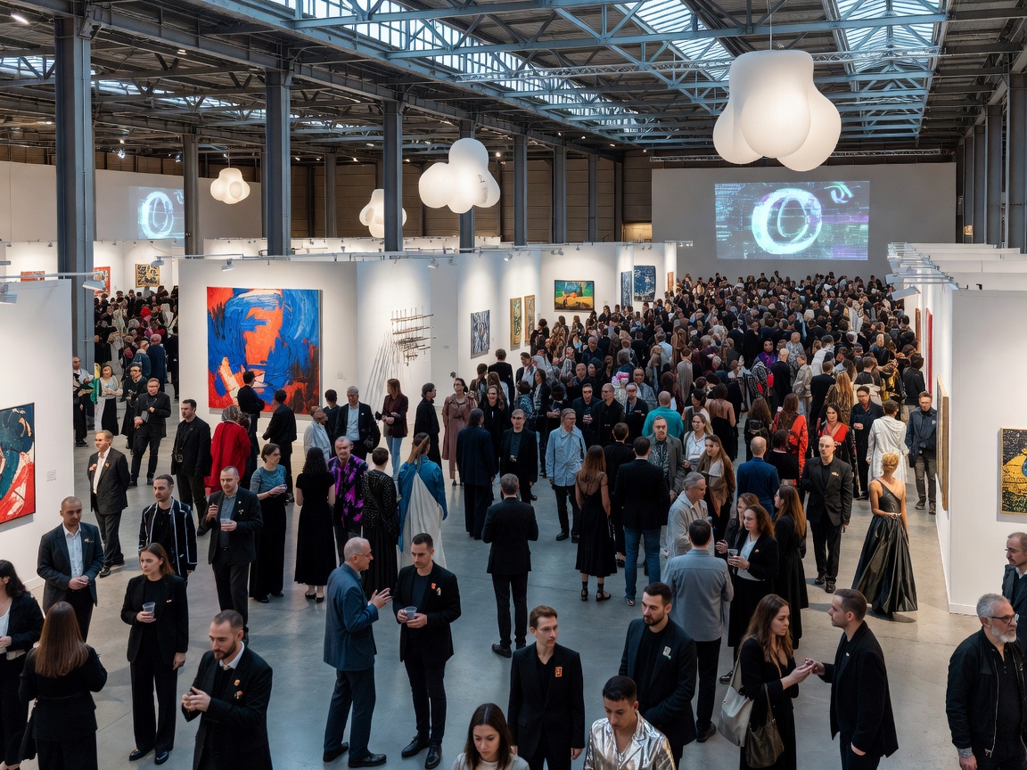 Crowd gathered at a major European contemporary art fair