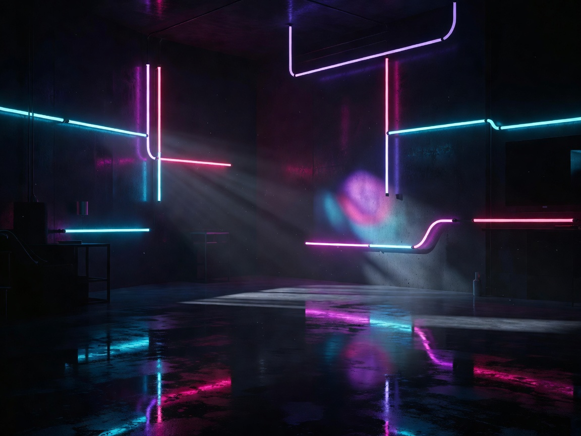 Darkened room filled with atmospheric colored neon and light reflections