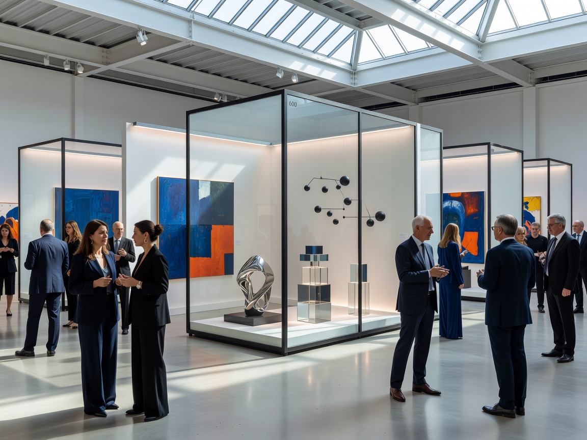 Sleek modern exhibition hall at Art Basel filled with curated booths