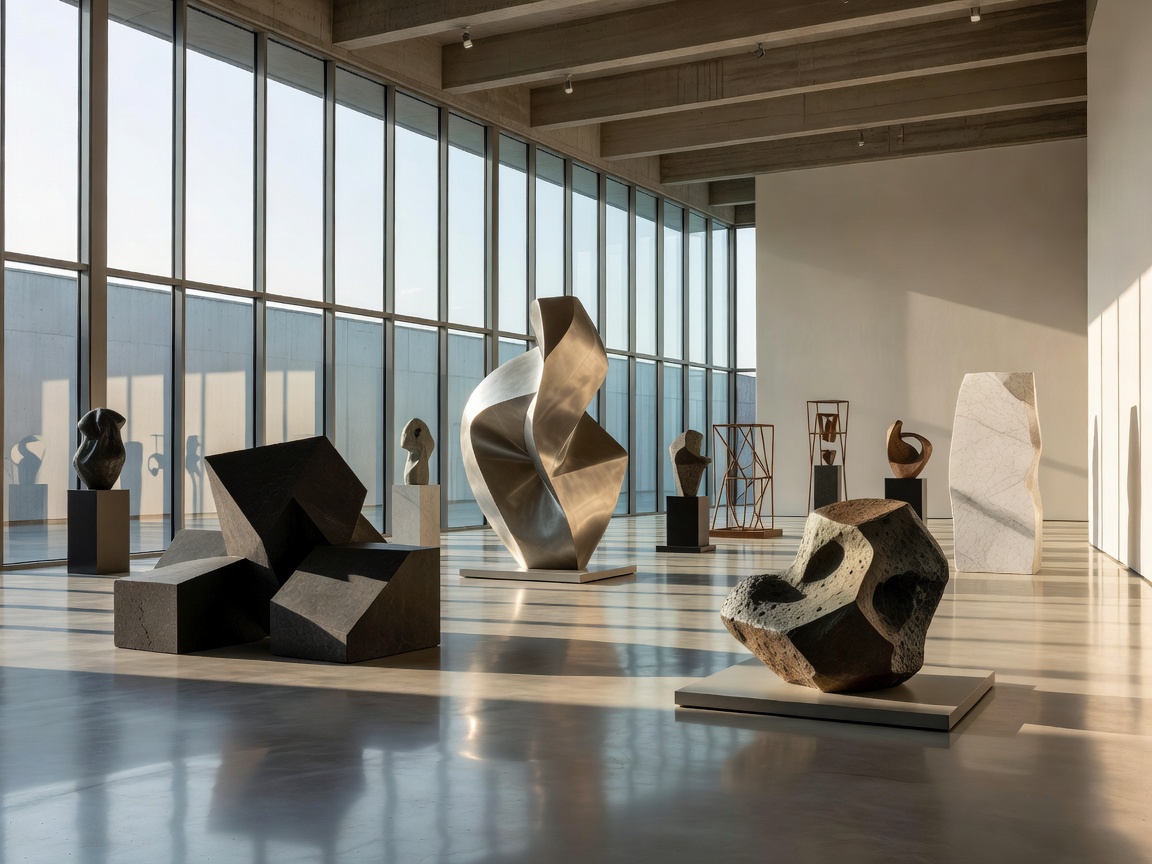 Spacious contemporary European museum gallery hall with curated modern sculptures
