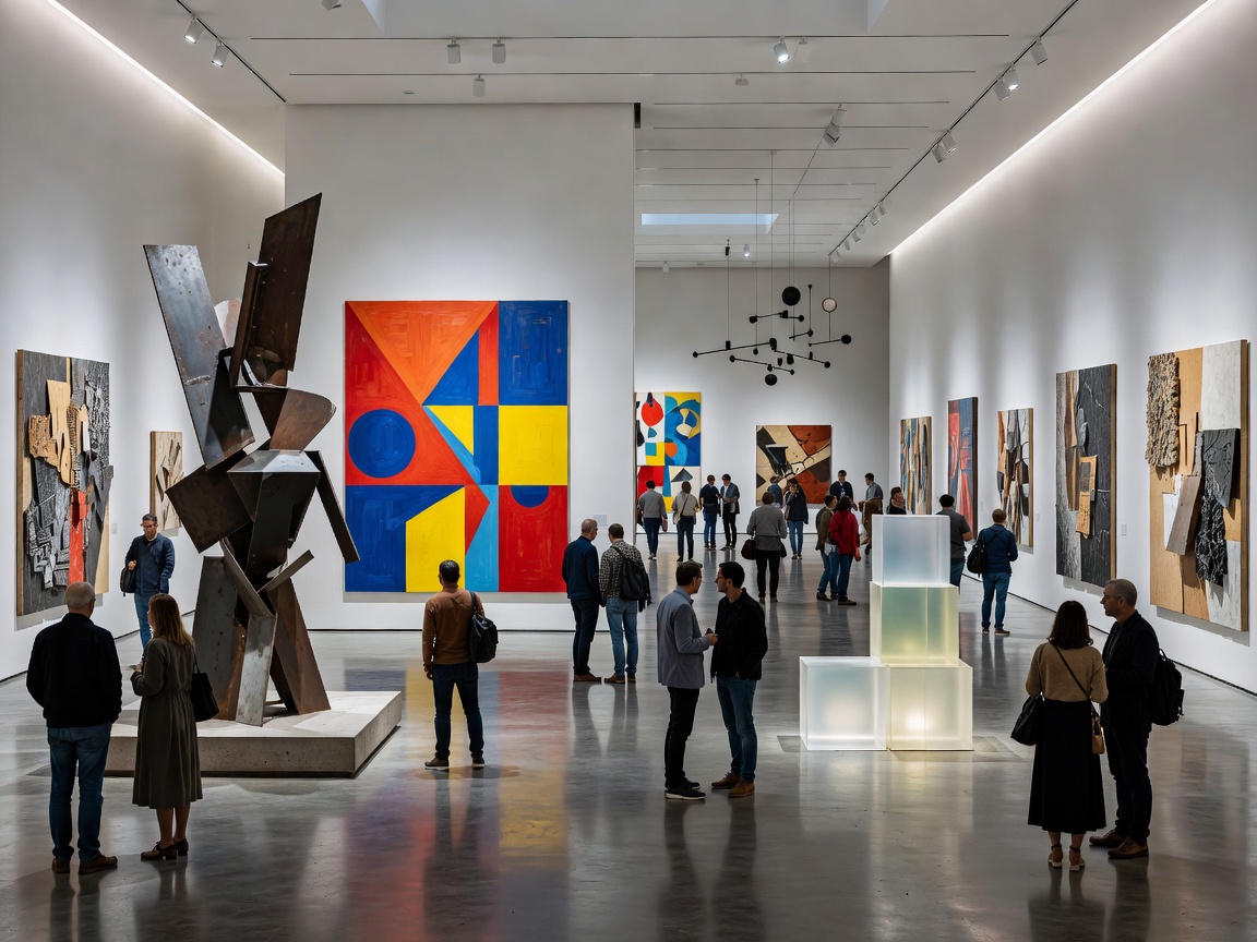 Vast museum exhibition wing with visitors viewing modern artworks